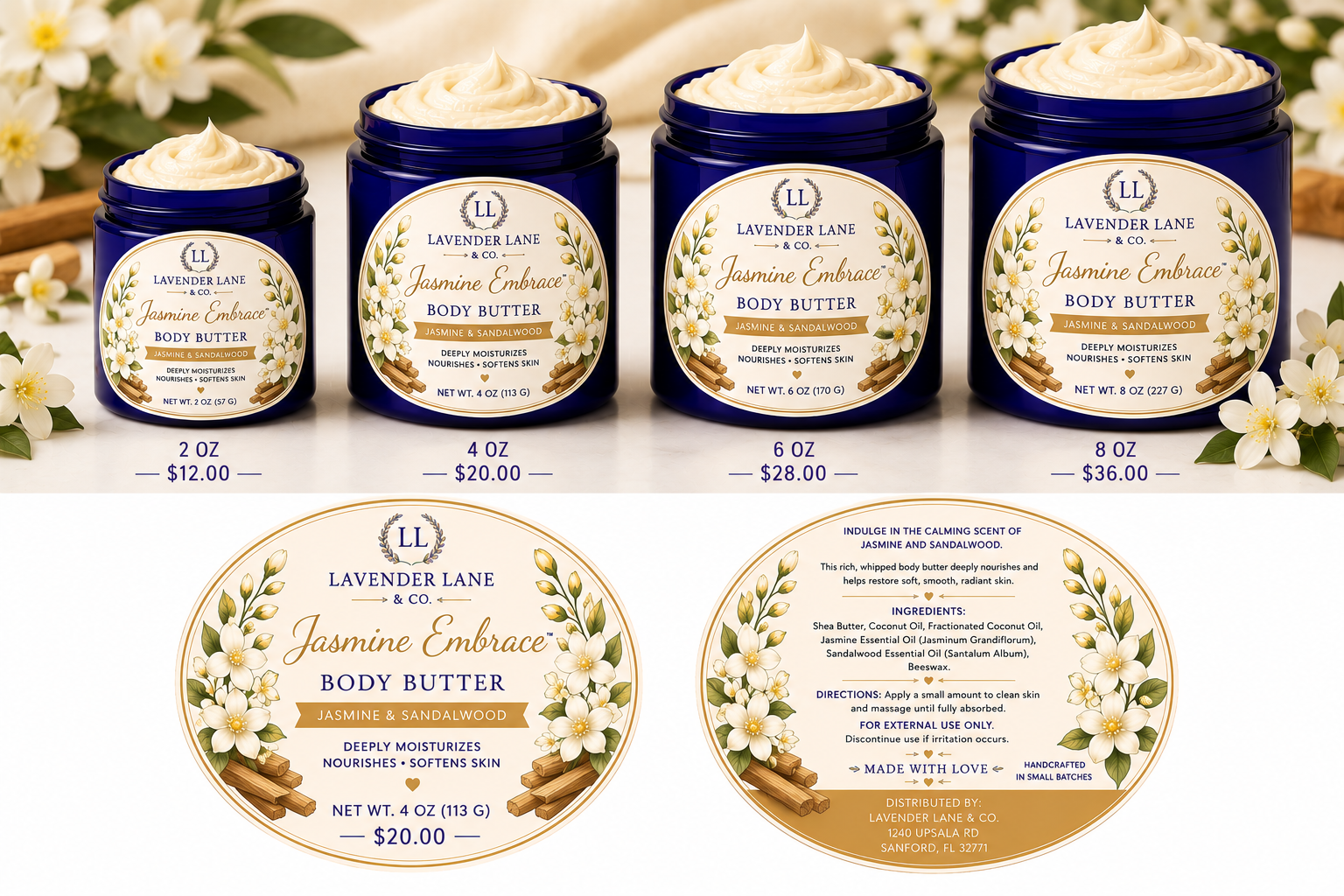 Jasmine Embrace Body Butter Jasmine & Sandalwood in 2oz, 4oz, 6oz and 8oz sizes